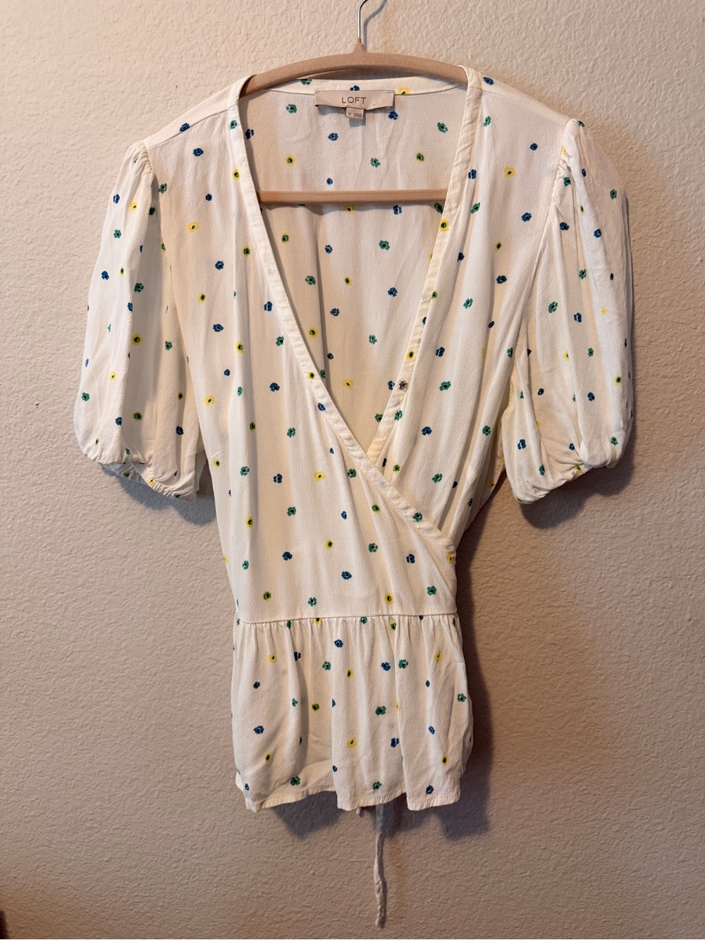 LOFT White Wrap Peplum Top with Blue, Green & Yellow Dot Print